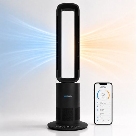 Aironex Bladloze Ventilator Zwart - Energiezuinige Luchtkoeler - Aircooler met Draaifunctie - Verwarming en Verkoeling in 1 -Ventilatoren - TafelVentilator -Vloerventilator