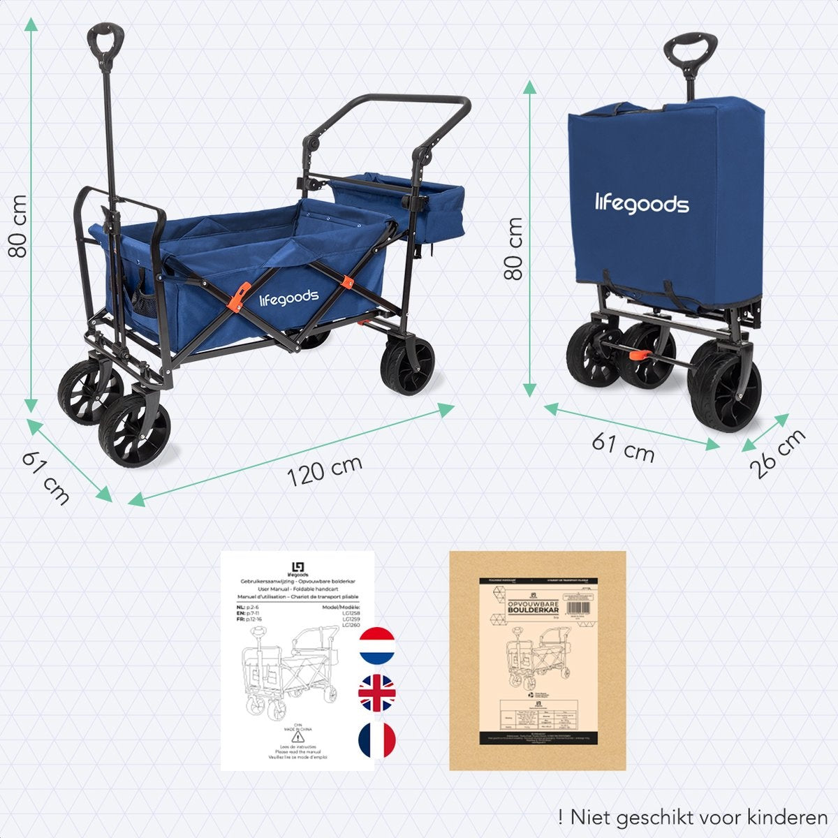 LifeGoods Bolderkar - Opvouwbaar - Tot 120KG - 90L - Wasbaar Polyester - 120x80cm - Blauw