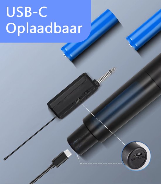 Tech Essentials Draadloze Microfoon - USB-C Oplaadbaar - Extra bereik - Karaoke - ASMR - Studio - Geschikt Voor Partybox - 3.5-6.3mm Jack