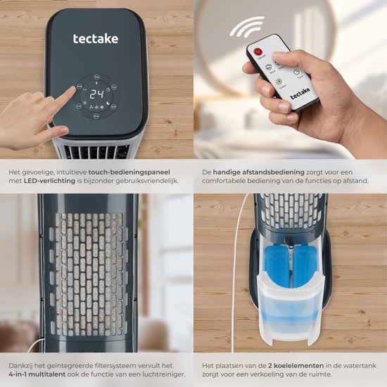 tectake® 4-in-1 Luchtkoeler Alaska - 5L Watertank - 3 Standen - Aircooler - Airco met Zwenkfunctie - Timer - Afstandsbediening - Koelelementen - Luchtbevochtiger - Ventilator - Luchtreiniger - Antraciet