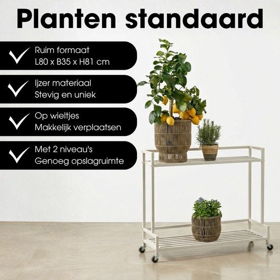 Mica Decorations Greenrax Plantenrek op Wielen - Plantenstandaard voor Kamerplanten, Buitenplanten of Tuingereedschap - Meerdere Plateaus Plantenonderzetter - 80 x 35 x 81 cm - IJzer - Off-white