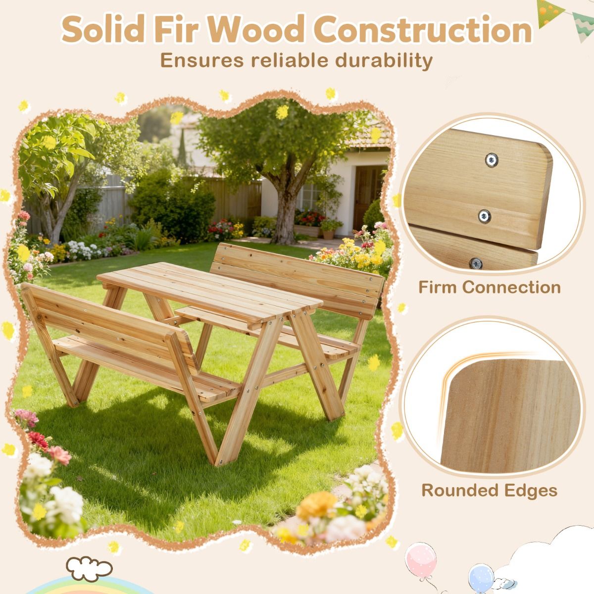 Coast Kinderpicknicktafel - houten peutertafel en bankenset - met rugleuning - naturel