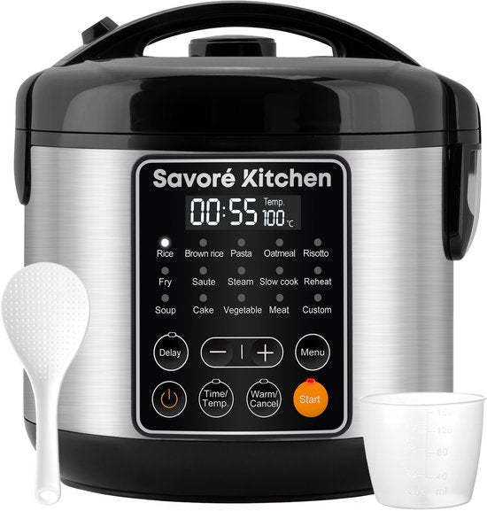 Savoré Kitchen Rijstkoker met Stomer – 3L – 14 Programma’s – Multicooker – Rice Cooker – Slowcooker – PFAS Vrij – Zwart RVS