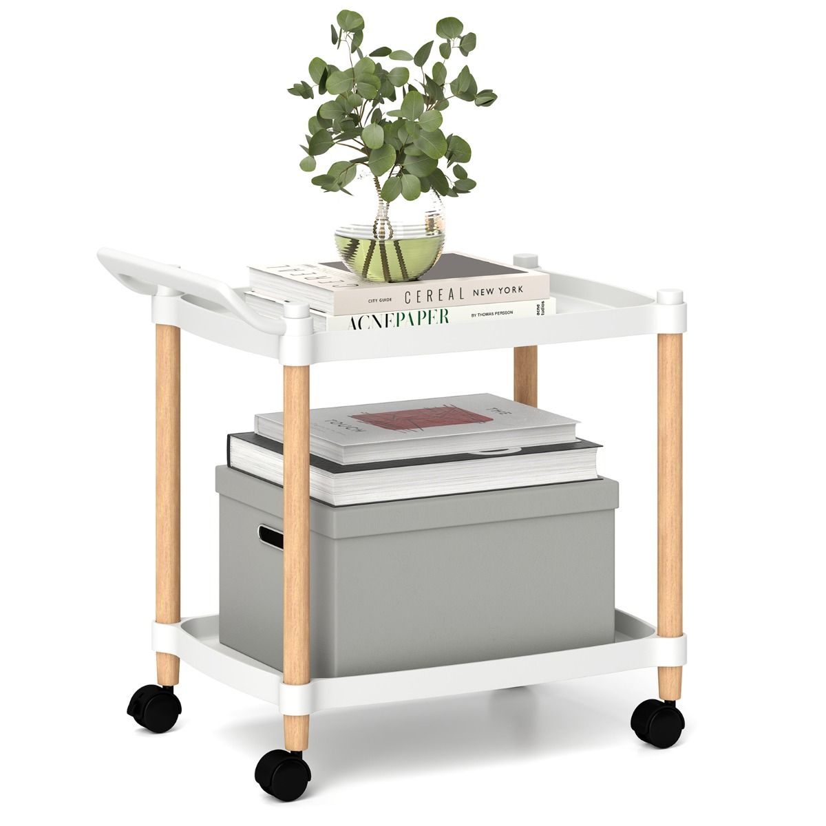Coast Opbergwagen met 2 Lagen - Vergrendelbare Wielen - Beukenhouten Frame - Wit 52,5 x 33,5 x 50 cm