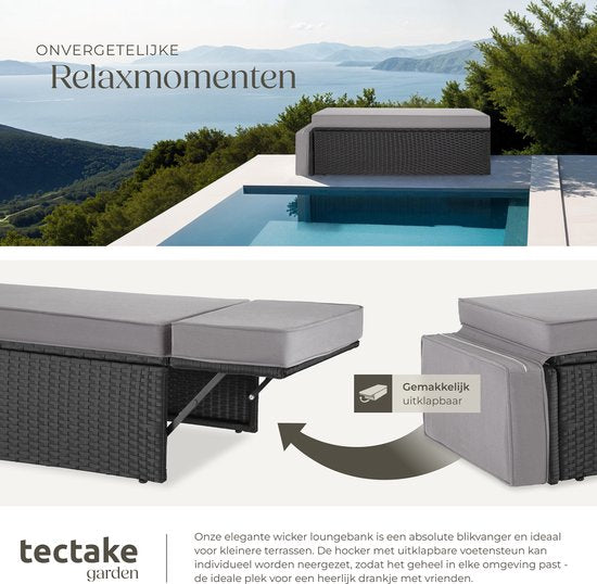 tectake® - Wicker loungesofa tuinstoel ligbed - bankstel - 2-zits fauteuil met kruk en slaapfunctie, kleine wicker bank als buitentuinmeubel, voor lounge, balkon en tuin, opvouwbaar met kussens- zwart / grijs