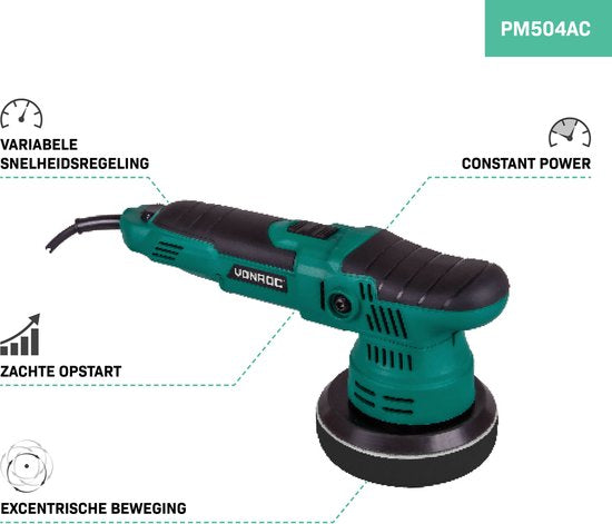 VONROC Excentrische polijstmachine - poetsmachine – 650W – Ø125mm – Soft start – Vast vermogen & 1 polijstschijf