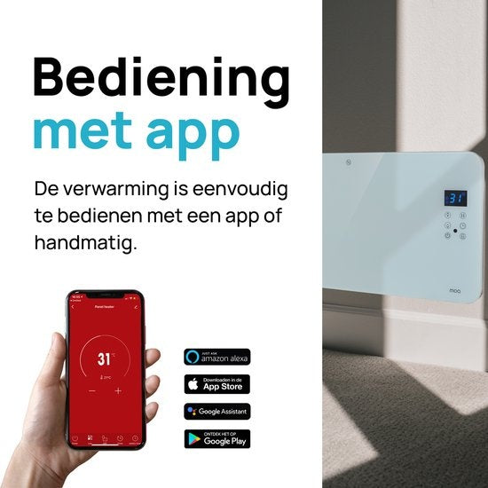 MOA Smart Glazen Paneelverwarmer met WiFi - Elektrische kachel - Convectorkachel - Paneelverwarming - Portable Heater - Wit - PH15W