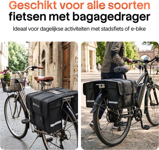 Brixy Dubbele Fietstas - Waterdichte Fietstassen - 45L - Met Reflectoren - Elektrische Fiets - Zwart