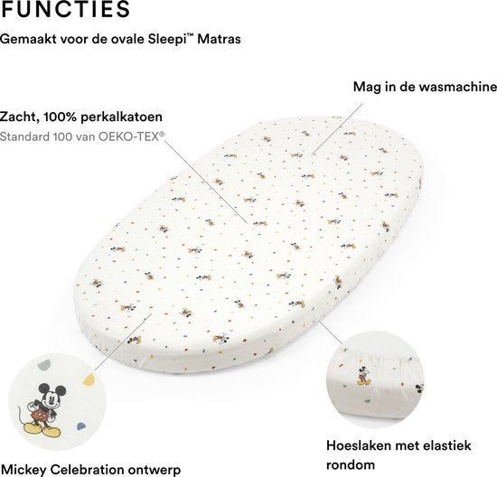 Stokke Sleepi hoeslaken, Mickey Celebration - zachte lakens voor zoete dromen - gemaakt voor Stokke Sleepi wieg/bed - 100% fijn katoen perkal - wasbaar