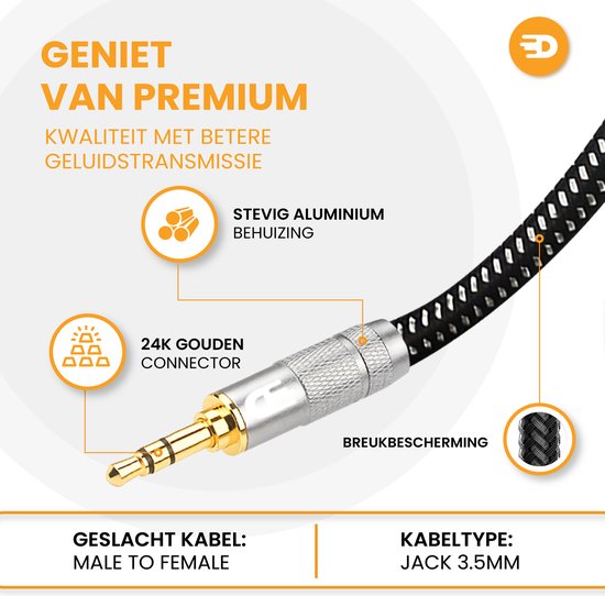 Drivv. Premium AUX Verlengkabel - 3 meter - Jack Male naar 3,5 mm Female - Audio Verlengkabel - Jack Verlengsnoer - Nylon