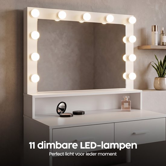 Infinity Goods Kaptafel - Make Up Tafel - Met Spiegel en 11 LED Lampen - Veel opbergruimte - Dimbaar - Wit