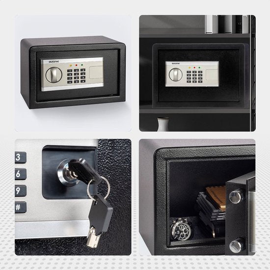 Auronic Elektronische Kluis - Cijferslot - Sleutel - Muurbevestiging - 4,3cm Deur - 130dB Alarm - 8L - 31x20x20cm - 4,5KG - Staal - Zwart