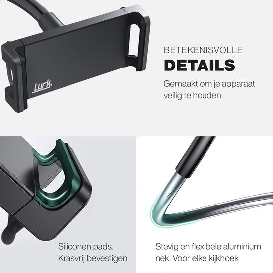 LURK® Tablethouder flexibel en verstelbaar - Telefoonhouder Ergonomisch – 100cm lang - 4 tot 12,9 inch – Universeel - Zwart