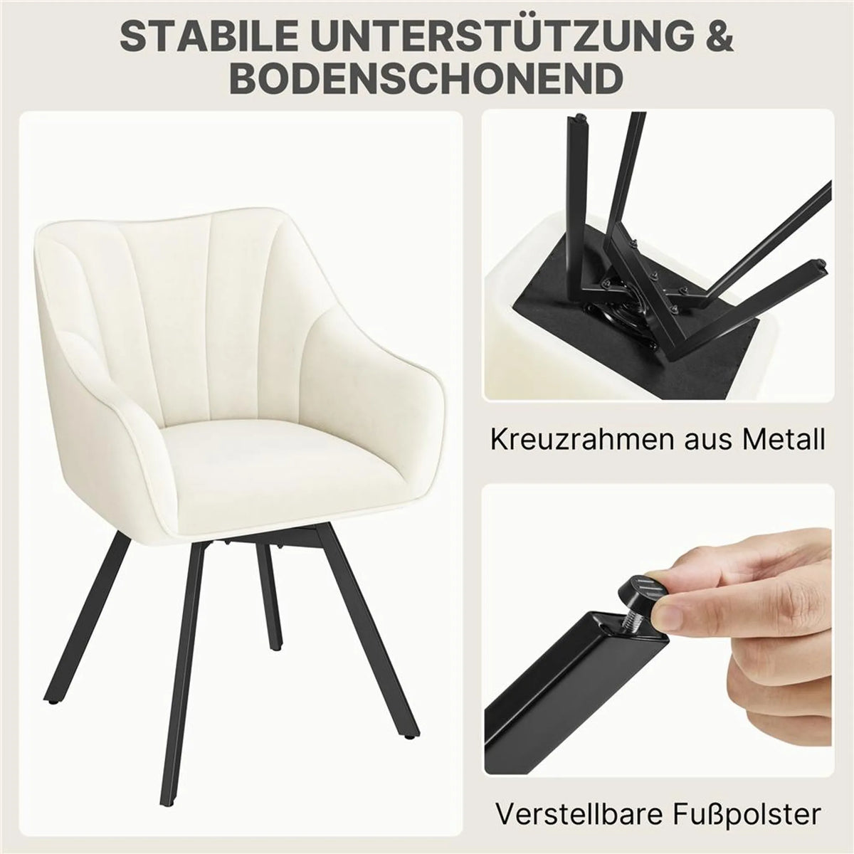 Yaheetech 360° Draaibare Eetkamerstoel van Samt 55x58,5x82 cm – Stijlvol Beige – Polyester en Metaal