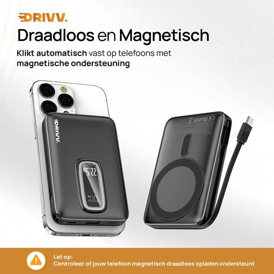 Powerbank 10.000 mAh geschikt voor MagSafe met USB C Kabel - 3 in 1 Ontwerp - 22.5W Draadloze Powerbank - Inclusief 60W Oplaadkabel - Snellaadfunctie - USB & USB C - Zwart