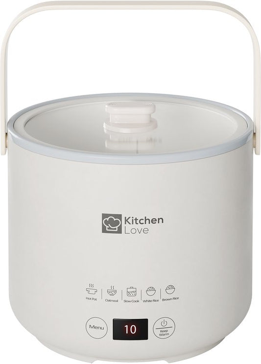 KitchenLove Rijstkoker - 0.4L - Multicooker - Rice Cooker - Slowcooker - 1 tot 2 Personen - Klein - Créme Wit