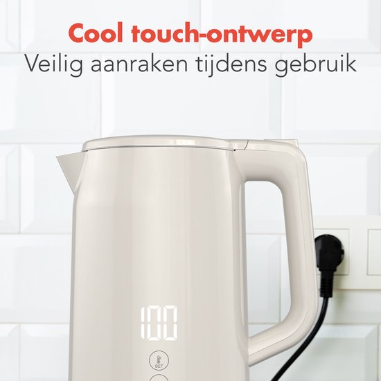 KitchenBrothers Waterkoker - 1.7L - Met Temperatuurregeling - Elektrisch - Warmhoudfunctie - Display - Dubbelwandig - Cool-touch - 2200W - Beige