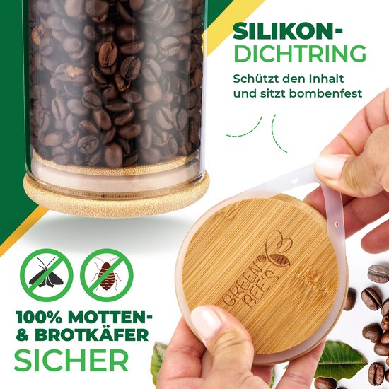 GREEN BEE'S set van 6 grote voorraadpotten - 2x1500ml & 4x650ml - Past perfect in lades en medicijnkastjes - Duurzame voorraadpotten met luchtdichte deksels - Voor bloem, rijst, pasta, muesli en bonen