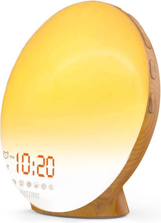 DistinQ Wake-Up Light – Wekkerradio met dubbele wektijd – Slaaphulp met USB aansluiting - Houtkleurig