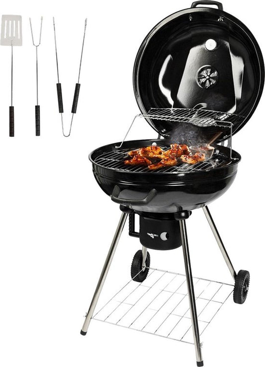 Goliving Houtskool Barbecue - Ø54 cm - Inclusief Accessoires - Houtskoolbarbecues op Wielen - XXL BBQ met Deksel - Rond - 65 x 89 cm - Zwart - Metaal