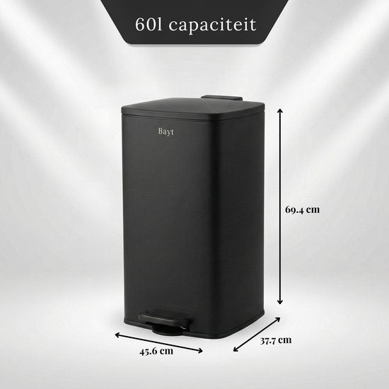Bayt Prullenbak - Prullenbak 60 Liter - Pedaalemmer 60 Liter - Vuilnisbak 60 Liter - Afvalbak - RVS - Zwart