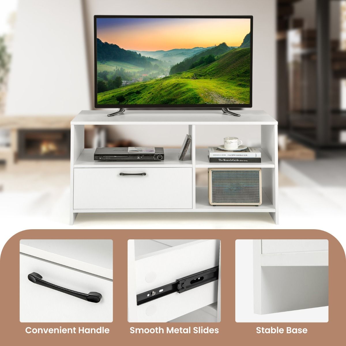 Coast TV-Kast Lowboard 104,5 x 51,5 x 52 cm Wit met Lade en Open Vakken voor Televisies tot 50 Inch