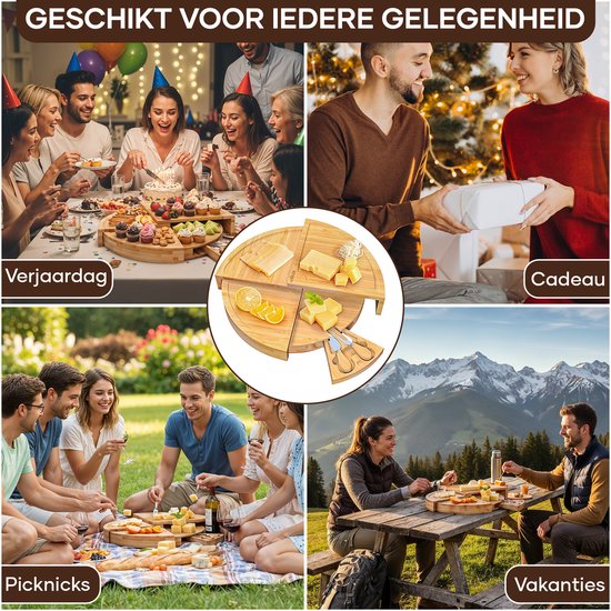 Villux Tapasplank - Borrelplank - Serveerplank - Kaasplank - Hapjesplank - Inclusief Kaasmesjes - Taspasplank Bamboe - Borrelplank Rond - Inclusief Ebook - ø 38 cm
