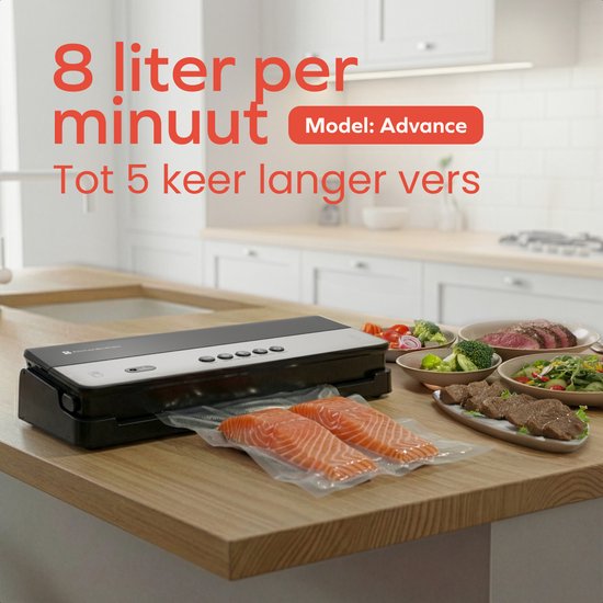 KitchenBrothers Vacumeermachine Advance - 8L/min. - Vacuüm Sealer - BPA-vrij - 4 Standen - Incl. 6m Folierol en Vacuumslang - Zwart