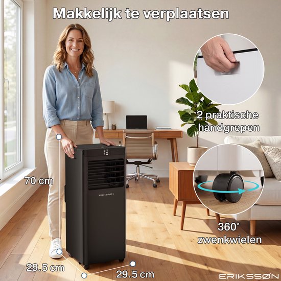 Erikssøn Mobiele Airco - 10.000 BTU - Incl. Raamafdichtingskit - Tot 30m² - 4-in-1 - Airconditioning - Ventilator - Ontvochtiger - Zwart