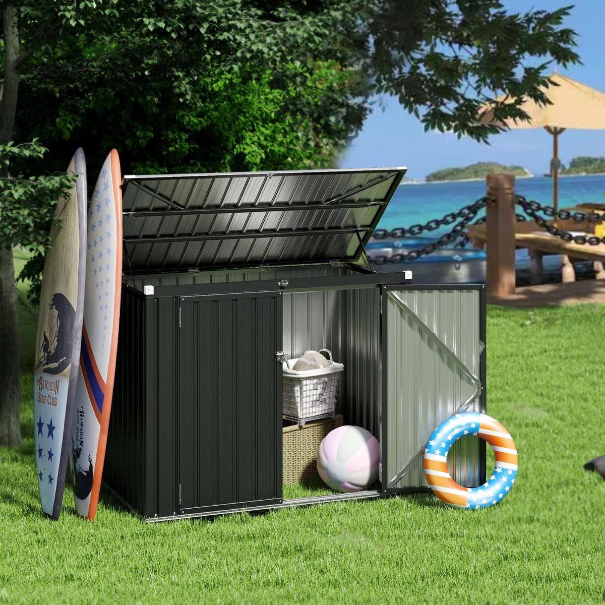Coast Afvaltonnenbox voor 2 afvaltonnen 172x95,5x130 cm Zwart – Duurzame verzinkte metalen opbergbox