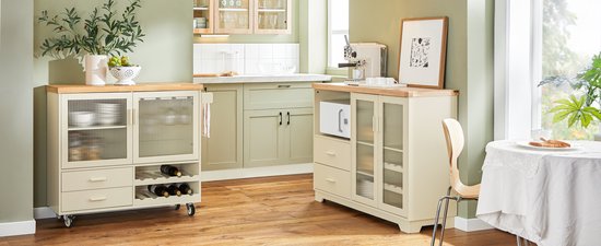 SoBuy Buffetkast Met Laden – 120 x 40 x 90 cm & Met Glazen Deuren – Voorzien Van Interne Planken En Flessenrek – Beige Gelakt Mdf