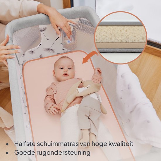 Lionelo Aurora 3in1 Co-sleeper - Babybedje tot 9 kg - Meegroeibed - 4 wielen met rem - Campingbedje – Verstelbare Hoogte – Ademend Gaas – Inclusief Matras & Transporttas – Afneembare Bekleding