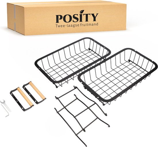 Posity Fruitschaal 2 Laags - Fruitmand - Fruit Etagere - Groentemand - Draadmand - Fruitrek - Hout & Metaal - Zwart