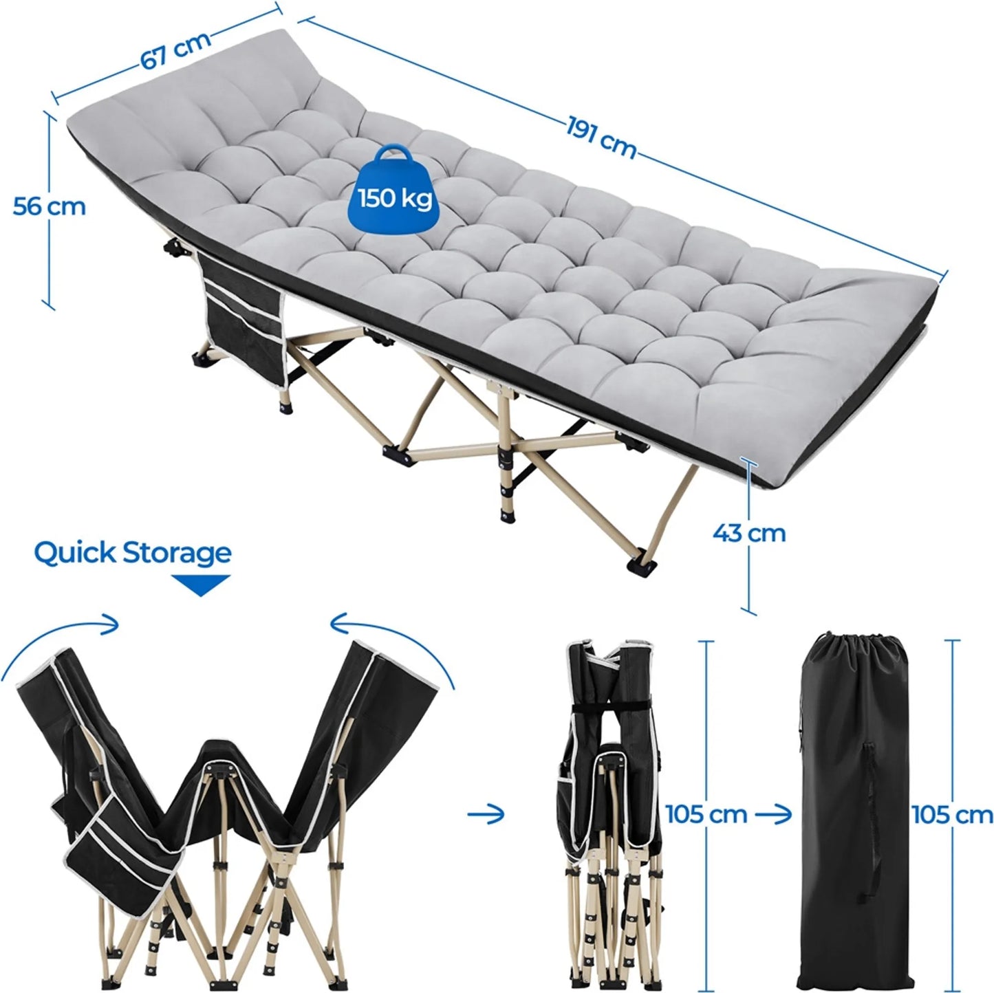 Yaheetech Campingbed Opvouwbaar – Voorzien Van Comfortabel Matras En Handige Draagtas En Zijvakken – Voor Kamperen En Logeerkamer – Zwart Metaal En 600D Oxford-Stof – 191 x 67 x 56 cm