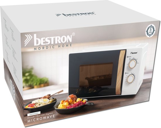Bestron AMN200NH Magnetron 20 Liter - Compacte Solo Magnetron - 5 Vermogensstanden - Mechanische Timer met Automatische Uitschakeling - Ontdooifunctie - Draaiplateau - Vrijstaande Magnetron voor Keuken, Studenten, Kleine Huishoudens - Wit