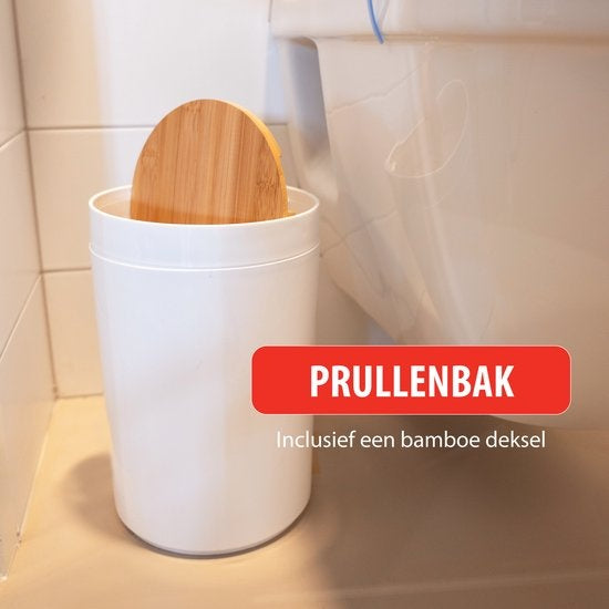 alpina Badkamerset - Toiletset - 6-Delig - Zeepdispenser - Tandenborstelhouder - Toiletborstel - Prullenbak - Zeepbakje - Beker - Bamboe - Wit