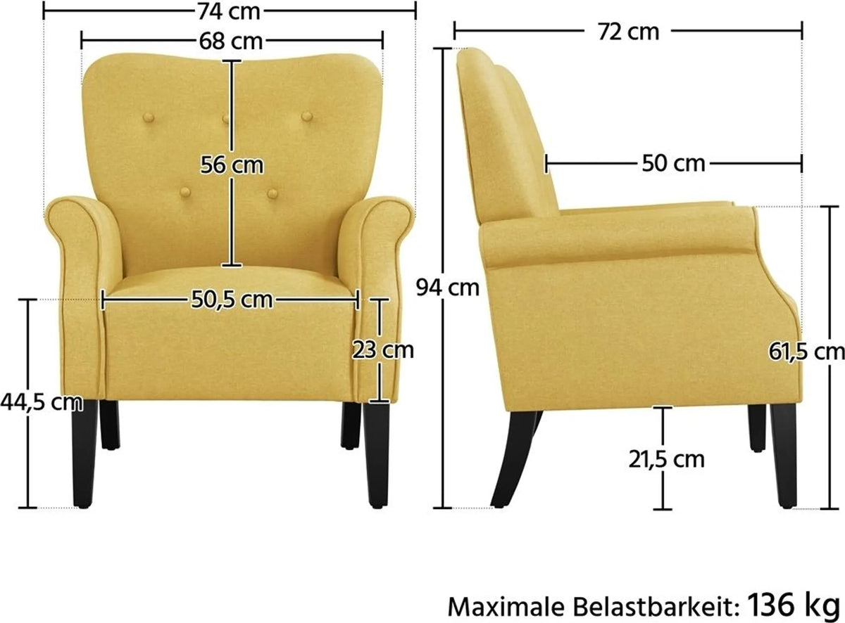 Yaheetech Loungefauteuil met Houten Poten - 74 x 72 x 94 cm - Geel