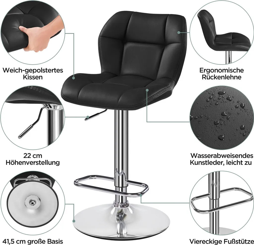 Yaheetech Barkrukken Set van 2 – Zwart Kunstleer – Verstelbaar 62,5–84,5 cm – 360° Draaibaar met Rugleuning en Voetsteun