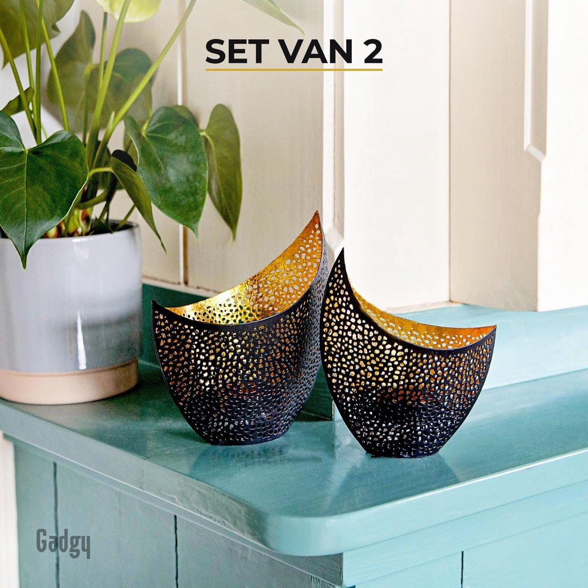 Gadgy Waxinelichthouder Oosters – Set van 2 - 16 en 14.5cm - Theelichthouders - Zwart /Goud - Metaal