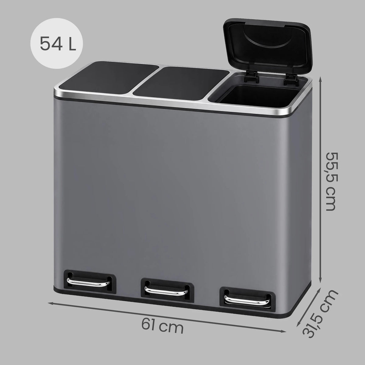 Joyfurnos Prullenbak 3-Compartimenten 61x31,5x55,5 cm Grijs Soft-Close RVS Keukenafvalbak