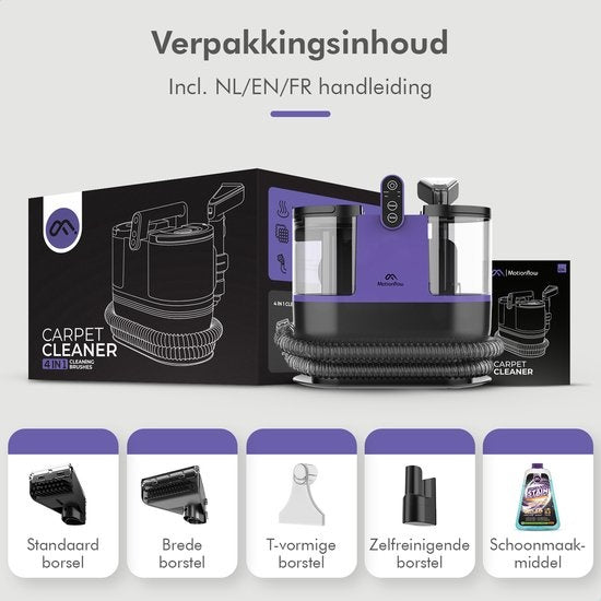 Motionflow 4-in-1 Tapijtreiniger – 1800 ml Watertank – Verwarmingsfunctie – Zelfreinigend – 40 x 28 x 38 cm – Paars