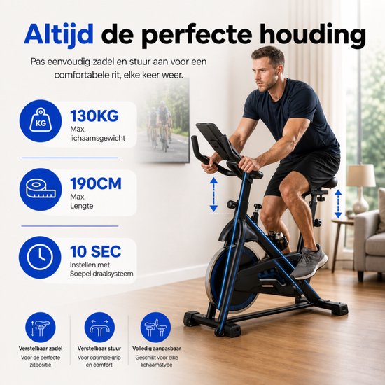 Sportfloww Hometrainer - Fitness Fiets - Spinningfiets - 8KG Vliegwiel - Hartslagmeter - Incl App
