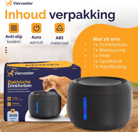Viervoeter Premium Drinkfontein - Ronde waterfontein voor Katten en Honden - 2,5L - Dieren Drinkbak - geruisloos - Incl. 2 filters - Zwart