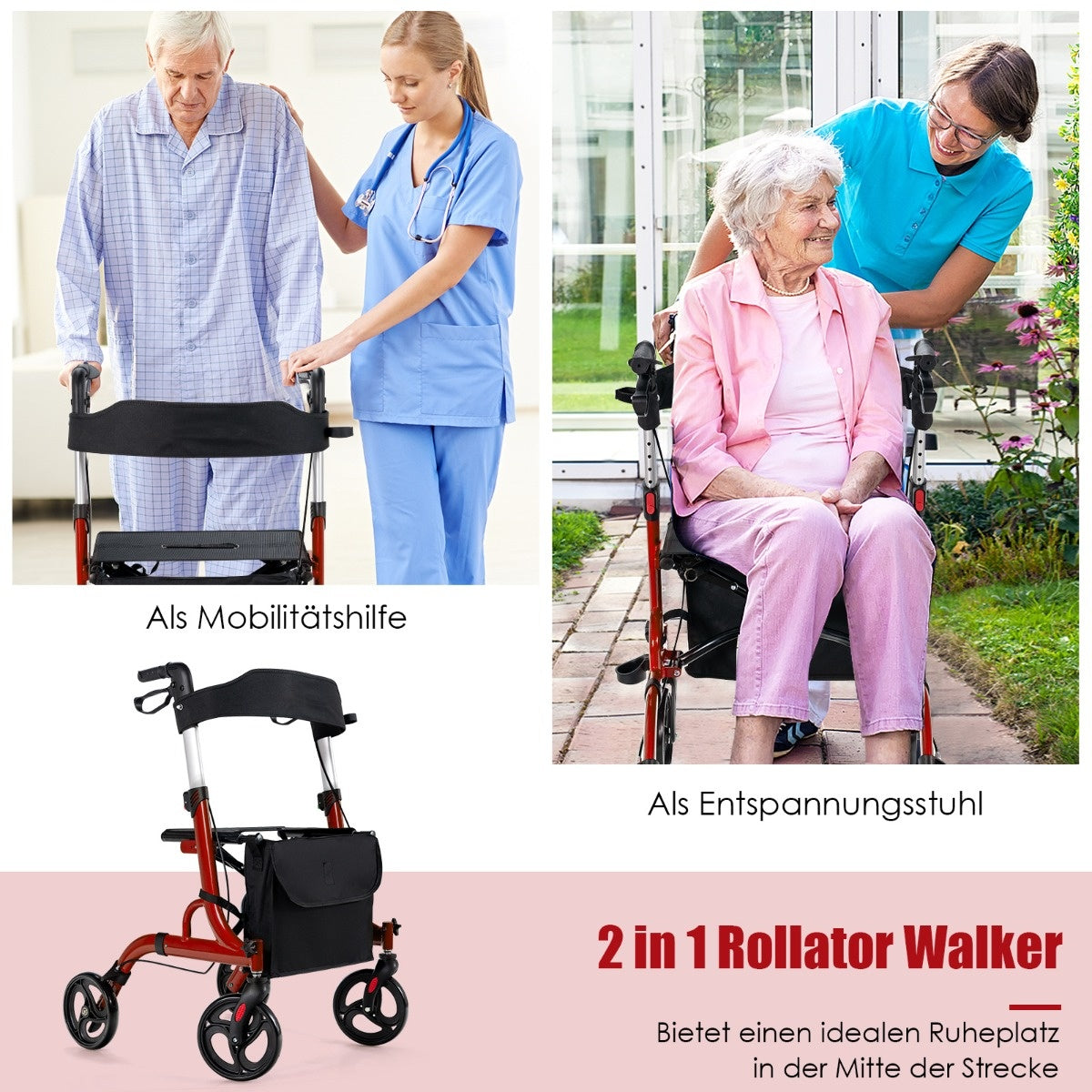 Coast 2 in 1 rolstoel en reiserollator met stoel- en tas en pitchhouder opvouwbaar en lichtrood
