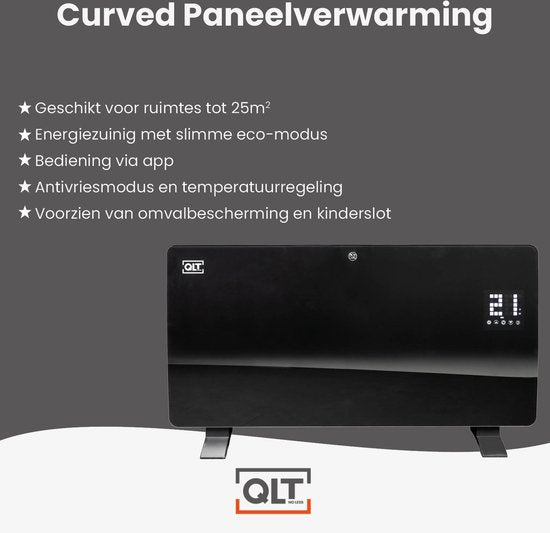QLT Curved Verwarmingspaneel van Glas – Elektrische Kachel met App Bediening –Badkamer Verwarming met Thermostaat en Antivries – 2000 Watt - Zwart