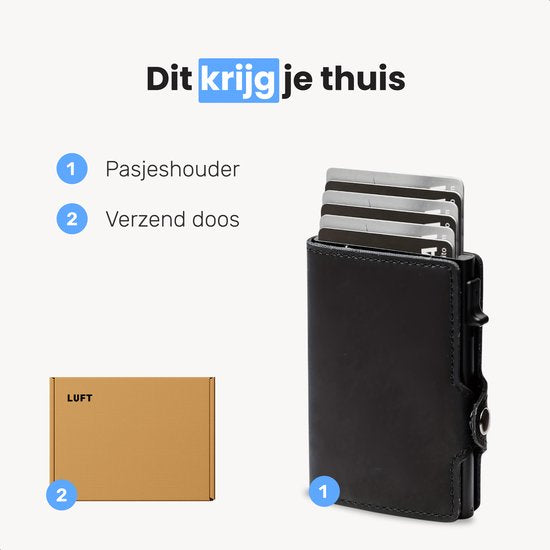 LUFT Pasjeshouder voor 10 pasjes Leer - Veilig - Uitschuifbaar - RFID bescherming - Kaart - Portemonnee - Aluminium - Heren - Voor mannen en vrouwen - Pasjes houders - Zwart