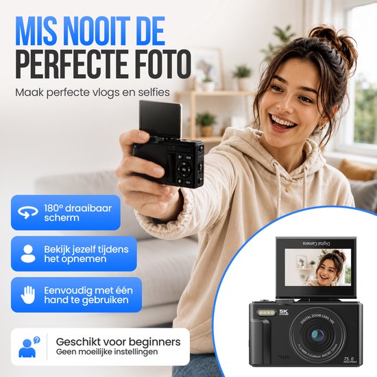 Strex Digitale Camera 5K 75MP - Fototoestel - Compactcamera met Wifi - Vlog Camera - Fotocamera voor Kinderen - 18x Zoom - Draaibaar Scherm - Zwart