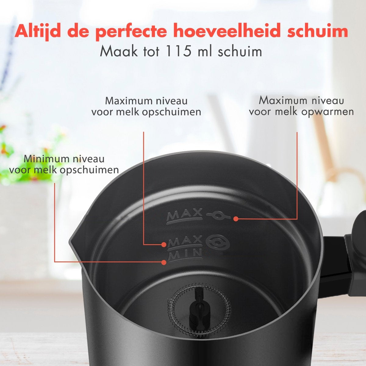 KitchenBrothers Elektrische Melkopschuimer - Voor Cappuccino en Latte - Handige Melkschuimer - Zwart