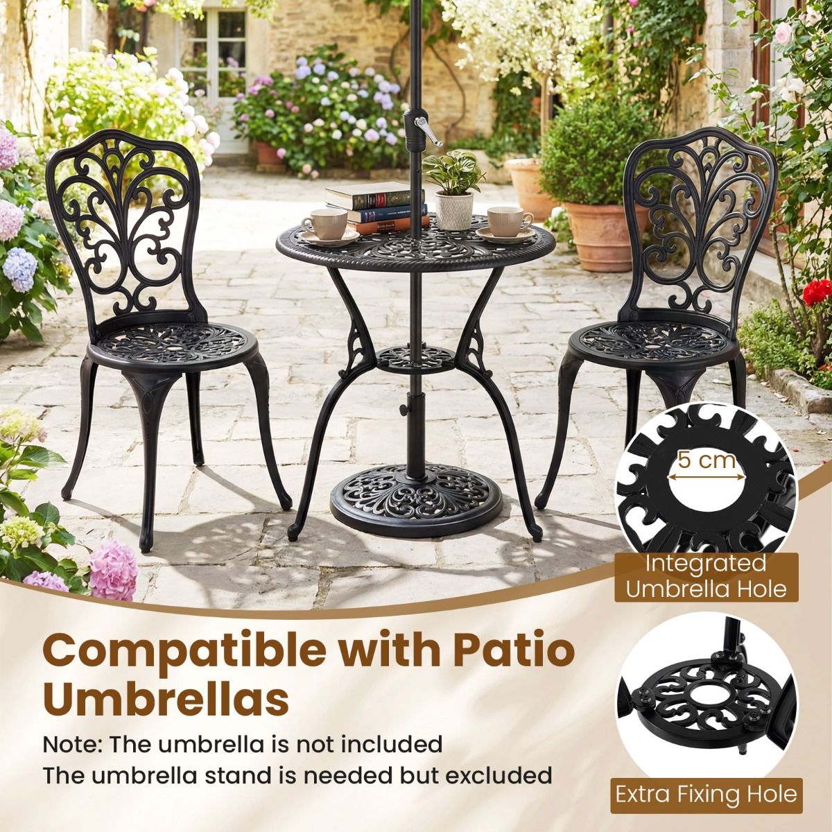 Coast 3-delige bistroset - gegoten aluminium - parasolgat - vlinderrugleuningen - zwart