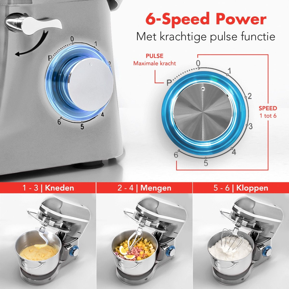KitchenBrothers Keukenmachine & Mixer – 2000W – 6 Snelheden + Pulse – 6,2L RVS Mengkom – 38,7 x 23,8 x 31,4 cm – Zilver